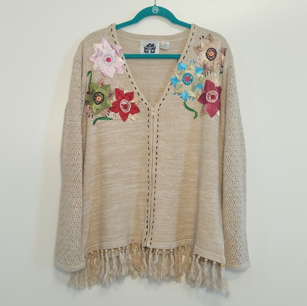 Vintage Storybook Knits oatmeal 3D ribbon floral zip up fringed cardigan